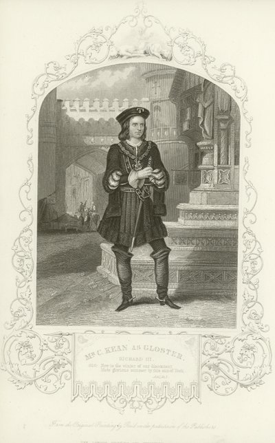 Mr C Kean som Gloster, Richard III, Act I, Scene I av English School