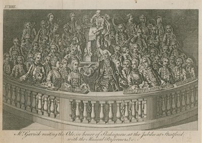 Mr David Garrick resiterer Ode, til ære for William Shakespeare ved jubileet i Stratford av English School