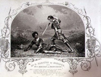 Mr. H. Marston som Hotspur og Mr. F. Robinson som Prince Henry, Act V Scene 4 fra Henry IV (Del I) fra en daguerrotypi av Paine of Islington, pub. av John Tallis & Co. (litho) av English School
