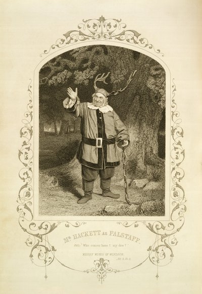 Mr Hackett som Falstaff, Act V Scene 5, i The Merry Wives of Windsor av William Shakespeare (1564-1616) gravert av George Hollis (1792-1842) fra en daguerreotypi av J.P. Mayall (1810-1901) (gravering) av English School