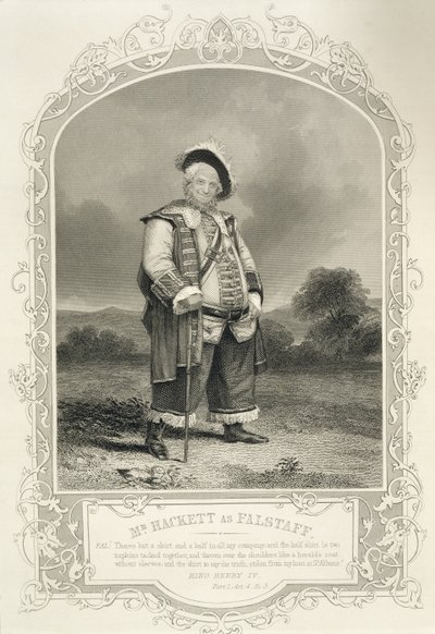 Mr Hackett som Falstaff, i Henry IV (Del 1) Act IV Scene 3, av William Shakespeare (1564-1616) av English School