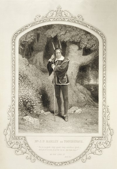 Mr J.P. Harley som Touchstone, Act V Scene 1, i As You Like it av William Shakespeare (1564-1616) gravert av George Hollis (1792-1842) fra en daguerreotypi av J.P. Mayall (1810-1901) av English School