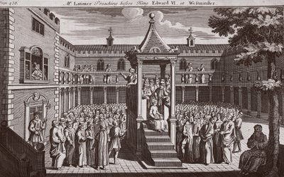 Herr Latimer forkynner for kong Edward VI i Westminster, illustrasjon fra Foxes Martyrs ca. 1703 av English School