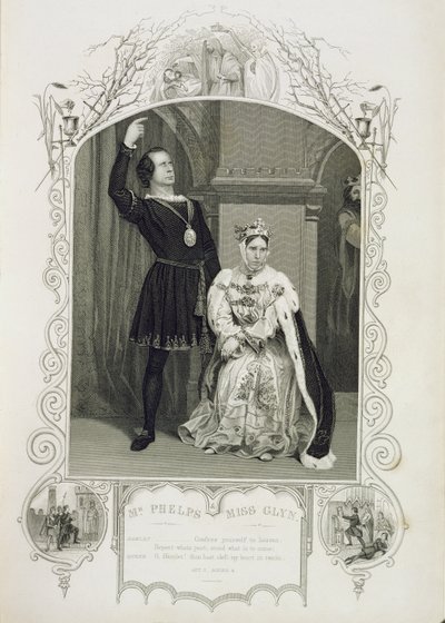 Mr Phelps som Hamlet og frøken Glyn som dronning Gertrude, akt III scene 4, i Hamlet av William Shakespeare (1564-1616) av English School