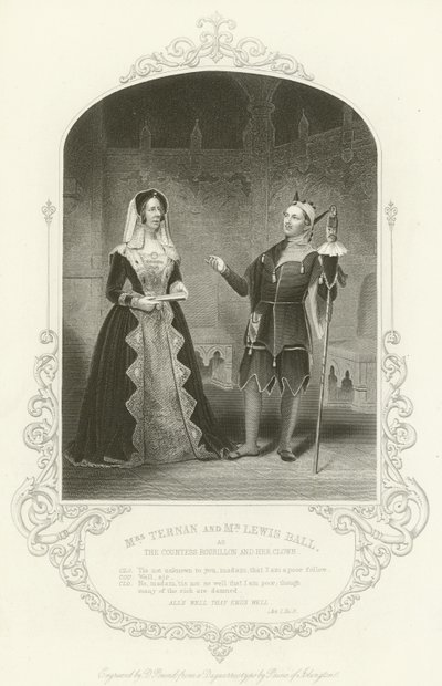 Mrs Ternan og Mr Lewis Ball som grevinnen Rousillon og hennes klovn, Alls Well That Ends Well, Act I, scene iii av English School