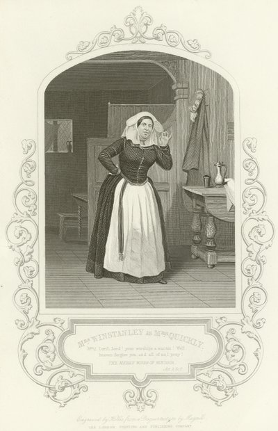 Mrs Winstanley som Mrs Quickly, The Merry Wives of Windsor, Act II, scene ii av English School