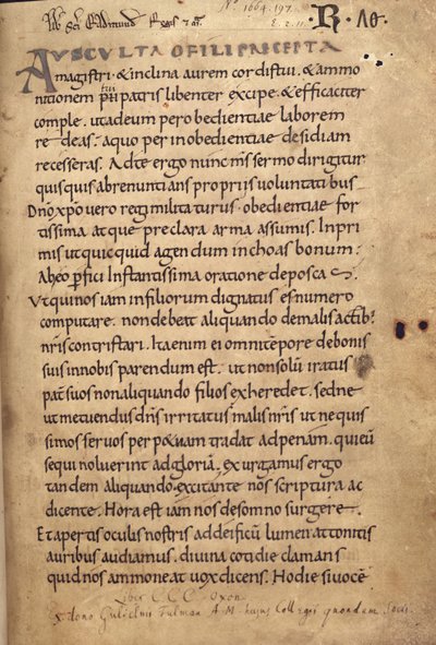 Ms. 197 f.1r Regel av St. Benedict av English School