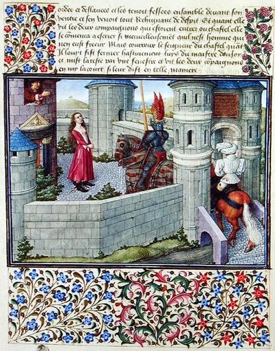 Ms. 2597 Heart and Desire går inn på gårdsplassen til Chateau of Wrath på hesteryggen, faksimileutgave av 