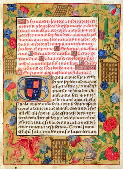 Ms 261 fol.1r Side fra en samling av pesttraktater på latin og engelsk, ca. 1500 av English School