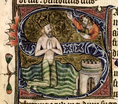 Ms 26 f.34r. Salme 68, David drukner, fra Ramsey Abbey Psalter, ca. 1380 av English School