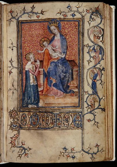 Ms 48, f.86r: Manuskriptets eier ber til jomfruen og barnet, fra Carew-Poyntz-tiden, bruk av Sarum, ca. 1390-1400 (vellum) av English School