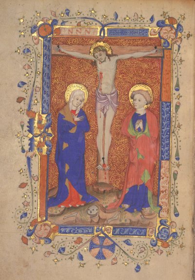 Ms 515 fol.108r Crucifixion with St. Mary and St. John the Baptist, fra Missal of St. Botolph Aldersgate, c.1420-30 av English School