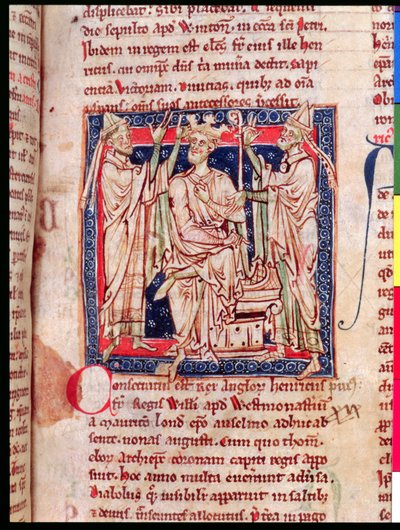 Ms 6712 (A.6.89) fol.129r Henry I (1068-1135), miniatyr fra Flores Historiarum, av Matthew Paris, 1250-52 av English School
