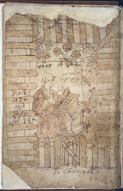 Ms Hunter 112 f.1v Arderne i Urtehagen, fra Incerti Avctoris av Johannis Arderne av English School