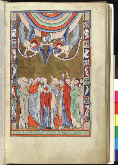 Ms Hunter 229 f.14r The Ascension, fra Hunterian Psalter, ca. 1170 (penn og blekk og tempera på vellum) av English School