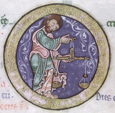 Ms Hunter 229 f.5r Libra, fra Hunterian Psalter, ca. 1170 (penn og blekk og tempera på vellum) (detalj) av English School