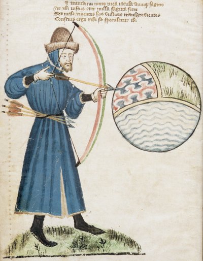 Ms Hunter 59 f.6v Archer Fire at a Globe, fra Vox Clamatis av John Gower (1330-1408) av English School