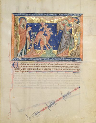 Ms L.A. 139-Lisboa fol.31 St. John ser på en engel hjelpe kvinnen med å rømme fra den røde dragen, fra Gulbenkian Apocalypse, ca. 1265-70 av English School