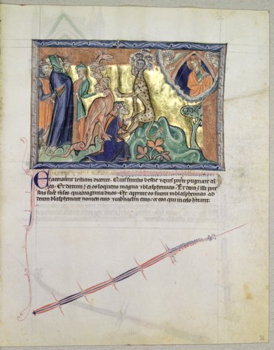Ms L.A. 139-Lisboa fol.36 Herren ser på folket som tilber havets dyret i nærvær av den røde dragen, fra Gulbenkian Apocalypse, ca. 1265-70 av English School