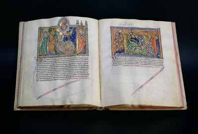 Ms L.A. 139-Lisboa fol.37 v-38 Dyret som spotter Guds navn, og folket som tilber det 3. og 2. dyret, fra Gulbenkian Apocalypse, ca. 1265-70 av English School