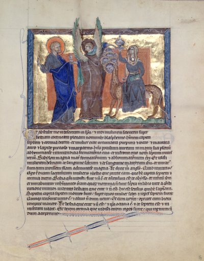 Ms L.A. 139-Lisboa fol.59 En engel som leder St. Johannes evangelisten til skjøgen i Babylon, fra Gulbenkian Apocalypse, ca. 1265-70 av English School