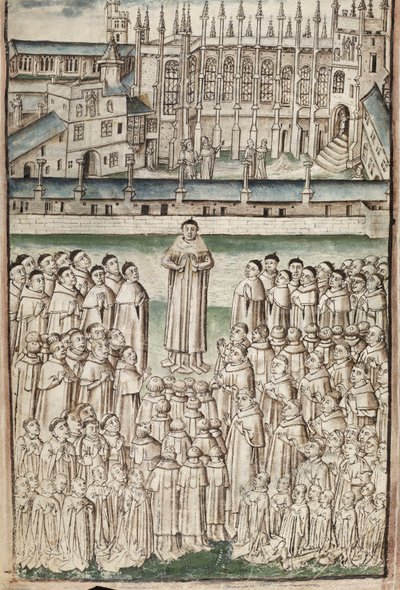 Ms. New Coll 288, f3v. (Chaundler-manuskript), Life of William of Wykeham av Thomas Chaundler (penn og blekk og tempera på vellum) av English School