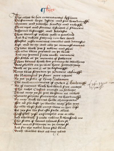 Ms. New Coll 314, f19r, The Canterbury Tales av Geoffrey Chaucer (penn og blekk på vellum) av English School