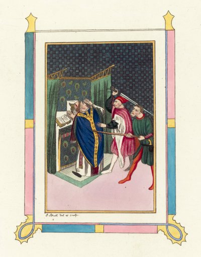 Mordet på Thomas Becket (farget gravering) av English School