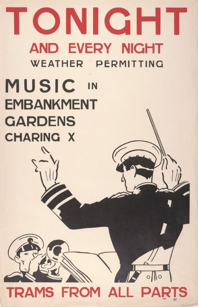 Musikk i Embankment Gardens, Charing Cross, trikker fra alle kanter av English School