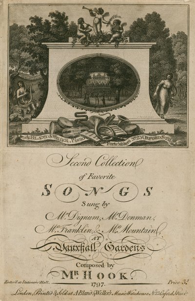 Musikalsk partitur som samler favorittsanger sunget på Vauxhall Gardens, London, komponert av Mr Hook av English School