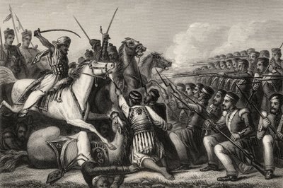 Mytteri-kavaleri som angriper et infanteritorg i slaget ved Cawnpore i 1857, fra 'The History of the Indian Myttery', utgitt i 1858 av English School
