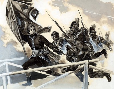 Napoleon leder hæren sin over broen ved Lodi. av English School