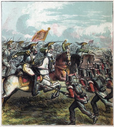 Napoleonskrigen: slaget ved Waterloo 18.06.1815. Det franske kavaleriet av Napoleon I anklaget den engelske hæren, franskmennenes nederlag markerte slutten på imperiet til Napoleon I. Slaget ved Waterloo av English School