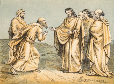 Natanael brakt til Jesus (farget gravering) av English School