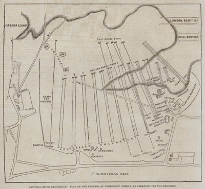 National Rifle Association, Plan of the Grounds på Wimbledon Common, som arrangert for skytingen (gravering) av English School