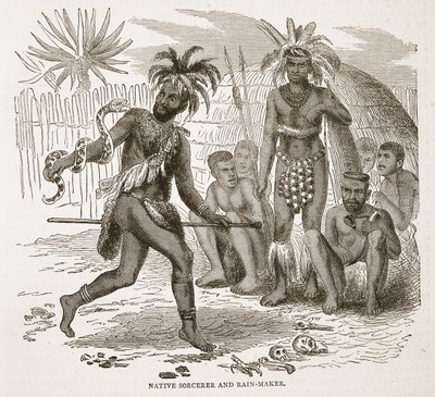 Native Sorcerer and Rain-maker, illustrasjon fra The Pictorial Edition of the Life and Discoveries of David Livingstone av J. Ewing Richie, pub. av A. Fullarton & Co., 1876 av English School