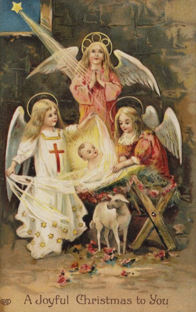 Julekrybbe med engler (chromolitho) av English School