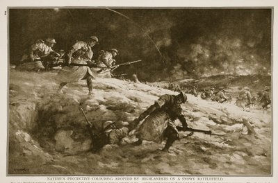 Naturens beskyttende fargelegging adoptert av høylandere på en snødekt slagmark, 1914-19 av English School