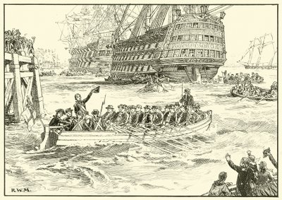 Nelson går ombord på flaggskipet sitt i Portsmouth (blekk på papir) av English School