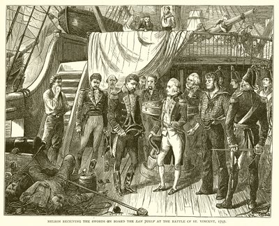 Nelson mottok sverdene om bord på San Josef i slaget ved St. Vincent, 1797 av English School