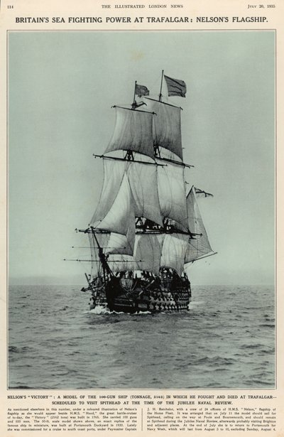 Nelsons Victory: en modell av 100-kanons skipet der han kjempet og døde ved Trafalgar, fra The Illustrated London News Royal Naval and Military Review Number, 20. juli 1935 av English School