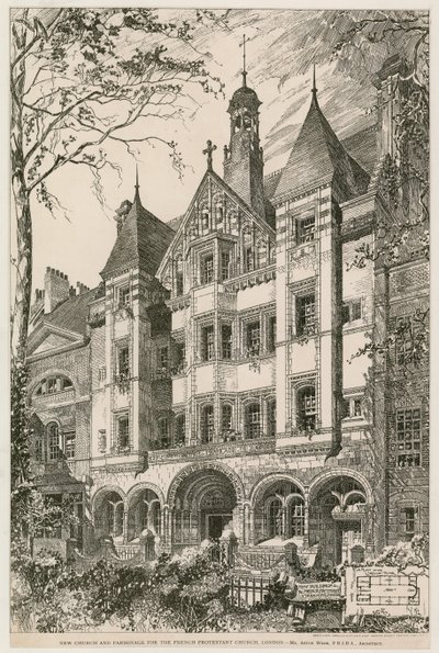 Ny kirke og prestegård for den franske protestantiske kirken, London av English School