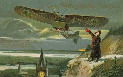Nyttårskort med et fly (farge litho) av English School