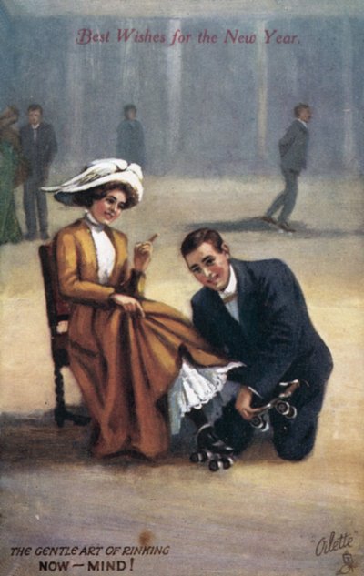 Nyttårskort med rulleskøyter (farge litho) av English School