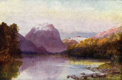 New Zealand: Ved utspringet av Te Anau-sjøen (fargelitografi) av English School