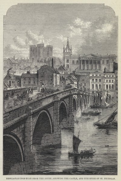 Newcastle-upon-Tyne fra sør, som viser slottet og Spire of St Nicholas (gravering) av English School