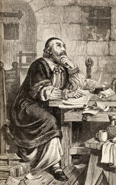 Nicholas Ridley skrev brev i fengselet mens han ventet på henrettelse, ca. 1865 (tregravering) av English School