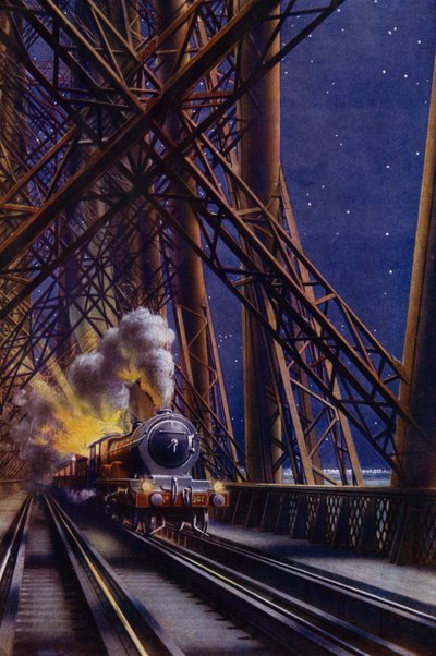 Nattog krysser Forth Bridge, Skottland (farge litho) av English School
