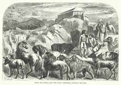 Noah, familien hans og de levende skapningene går inn i arken (gravering) av English School