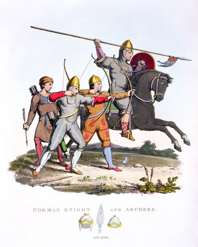 Norman Knight and Archers, 1066, fra Ancient Armour, av Samuel Rush Meyrick, 1824 av English School